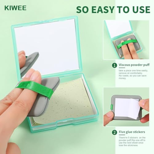 Kiwee 100Pcs Korean Face Blotting Paper for Oily Skin, Natural Linen Bloating Papers for Oily Face, Oil Absorbing Sheets for Face, with Built-in Mirror & Powder Puff Pad for Men and Women - Image 2