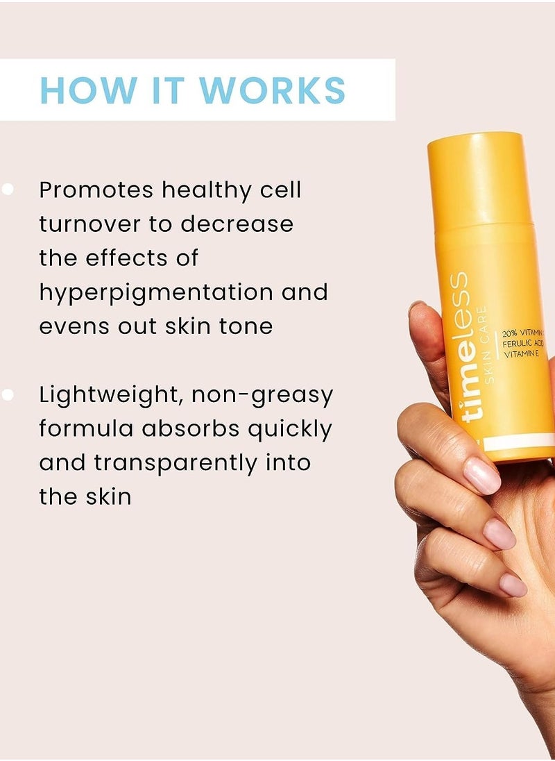 Skin Care 20% Vitamin C + E Ferulic Acid Serum - 30ML - Lightweight, Non-Greasy Formula - Use Daily to Brighten, Restore & Correct Skin - Recommended for All Skin Types