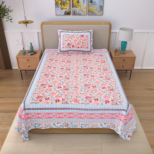 EasyGoods® 100% Pure Cotton Jaipuri Bedsheet with Pillow Covers | Soft & Breathable Fabric | Traditional Floral Print | Cotton Bedsheet (Pink 6, Single) - Image 2