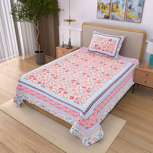 EasyGoods® 100% Pure Cotton Jaipuri Bedsheet with Pillow Covers | Soft & Breathable Fabric | Traditional Floral Print | Cotton Bedsheet (Pink 6, Single) - Image 3