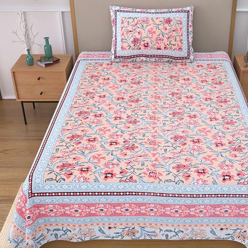 EasyGoods® 100% Pure Cotton Jaipuri Bedsheet with Pillow Covers | Soft & Breathable Fabric | Traditional Floral Print | Cotton Bedsheet (Pink 6, Single) - Image 1