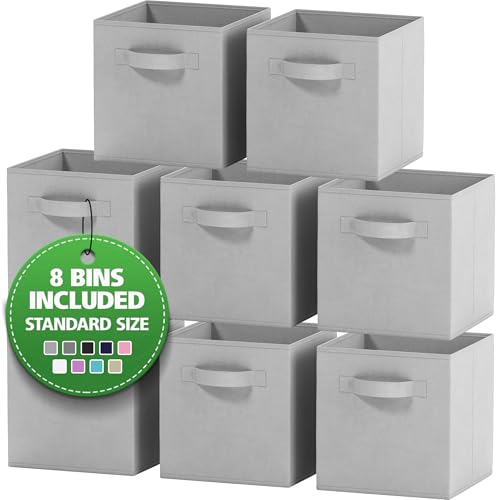 Royexe Set of 8 Foldable Fabric Storage Cube Bins  Collapsible Cloth Organizer Baskets Containers  Folding Nursery Closet Drawer  Features Dual Handles  Beautiful Colors Available Light Grey