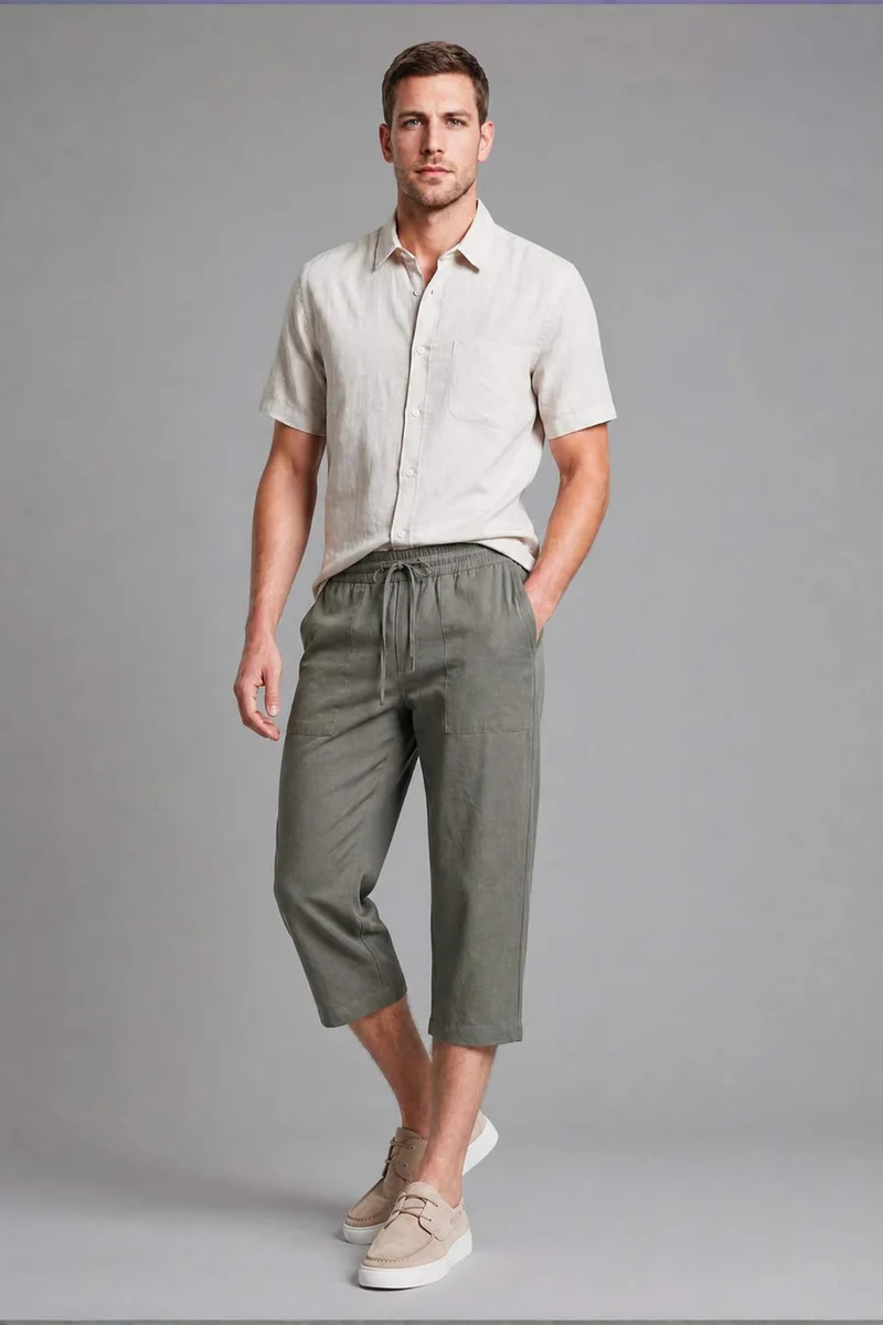 Regular Fit Elastic Tie Waist Cotton Capri Trousers