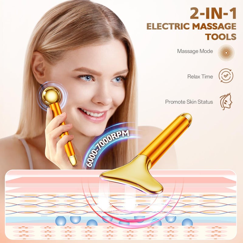 Amirce 2-in-1 Gua Sha and Ice Roller Facial Tools, Electric Face Massager Device for Eye, Jaw, Scalp, Neck, Gold - Image 2