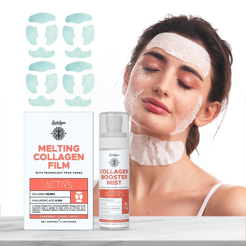 INDULGEO ESSENTIALS Melting Collagen Film Sheet Mask Collagen Booster Mist Combo Korean Skincare SelfDissolving Face Patch Reduces Wrinkles Finelines Scars With 4 Sachets 1 Booster Mist - Image 1