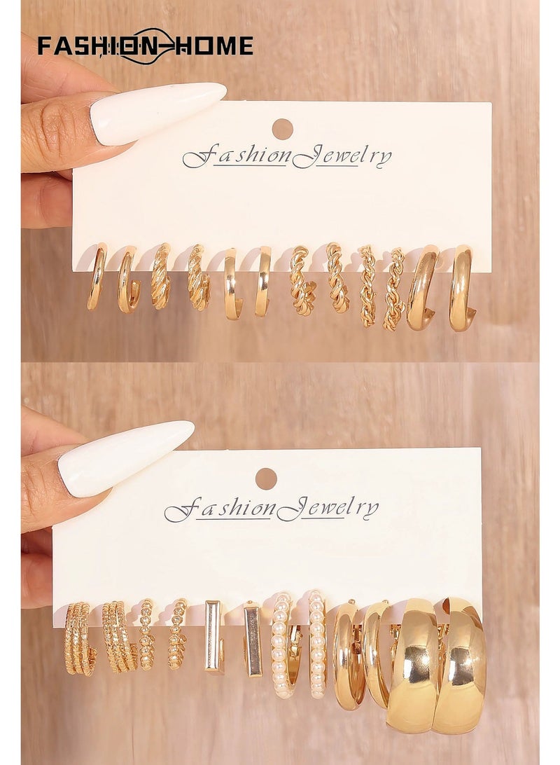 FASHION HOME 12 Pairs Gold Hoop Earrings Set for Women, Fashion Chunky Pearl Earrings Multipack Twisted Statement Earring Pack, Hypoallergenic Small Big Hoops Earrings for Birthday Party - Image 1