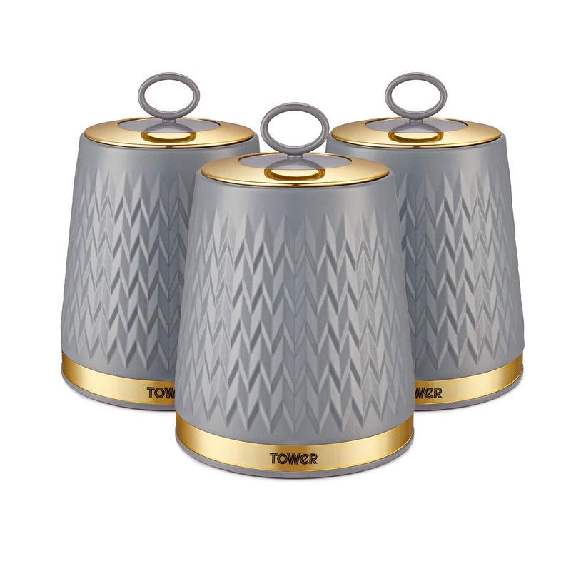 Tower T826091GRY Empire Set of 3 Storage Canisters for Tea Coffee Sugar Grey and Brass 13L One Size