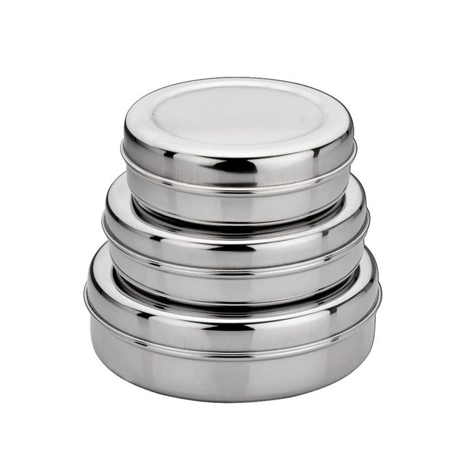 STAINLESS STEEL CHAPATI CHOCOLATE DABBA FLAT SLIM AND SLEEK CANISTERS PURI DABBA STORAGE JARS CONTAINERS SET OF 3PCS MEDIUM SIZESILVER