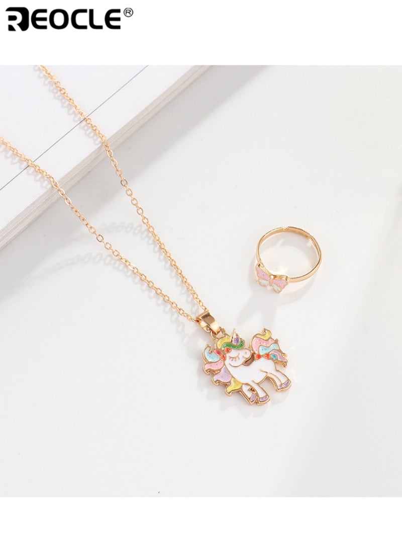 REOCLE 2PCS Kids' Jewelry Set Unicorn Pendant Necklace & Butterfly Ring Casual Daily Wear Playful Themed Accessory Set - Image 1