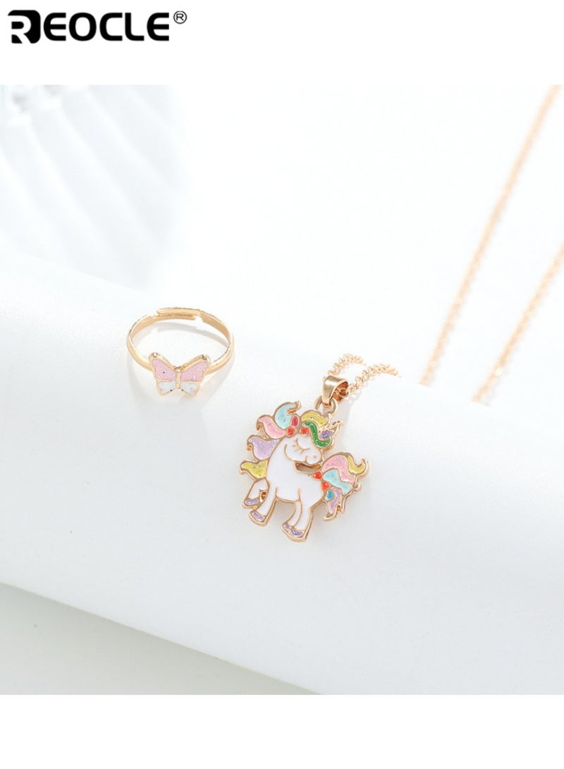 REOCLE 2PCS Kids' Jewelry Set Unicorn Pendant Necklace & Butterfly Ring Casual Daily Wear Playful Themed Accessory Set - Image 3