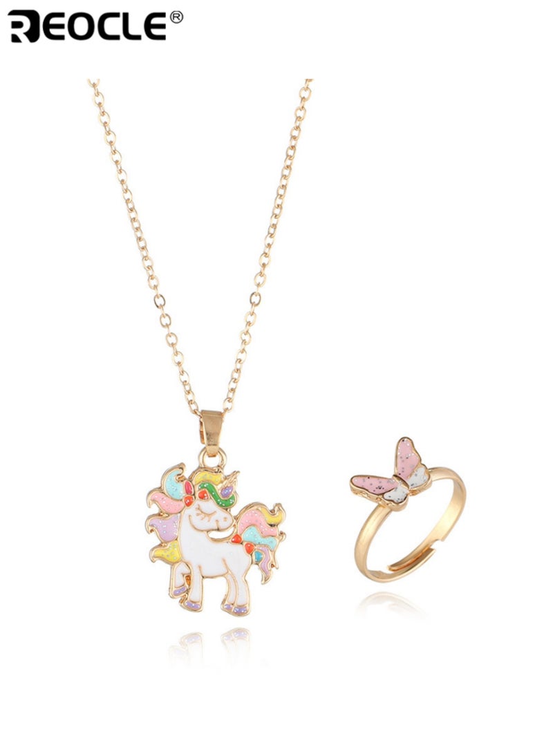 REOCLE 2PCS Kids' Jewelry Set Unicorn Pendant Necklace & Butterfly Ring Casual Daily Wear Playful Themed Accessory Set - Image 2
