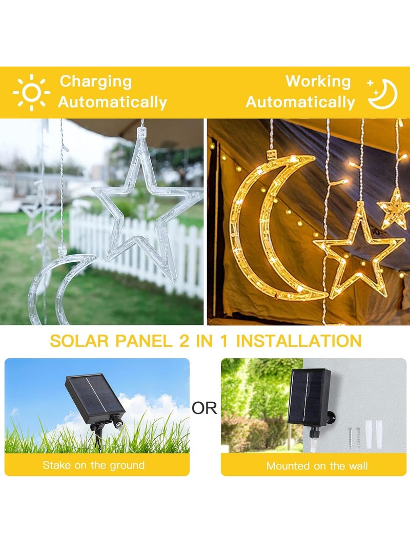 ديكور رمضان نجوم الطاقة الشمسية القمر أضواء رمضان في الهواء الطلق أضواء الستار LED سلسلة أضواء عطلة الديكور وميض أضواء الجنية عيد الميلاد (الطاقة الشمسية والقمر الأبيض الدافئ والنجوم) - Image 2