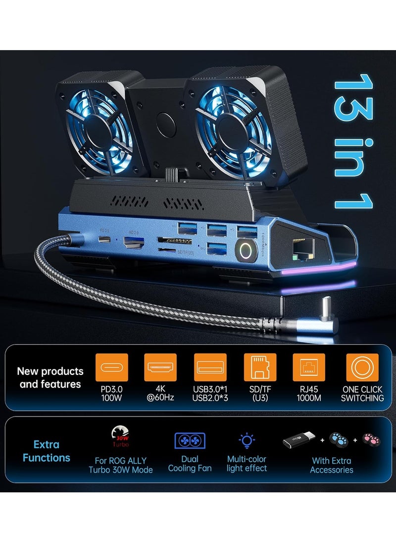 ليسو محطة الإرساء 13 في 1 لـ Steam Deck OLED و ROG Ally X و Legion GO - مروحتان تبريد مزدوجتان، تتيح تفكيك، صندوق M.2 NVMe، دقة 4K@60Hz، 4 منافذ USB، شحن 100W PD، Ethernet بسرعة Gigabit مناسبة لـ Steam Deck. - Image 2