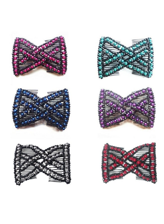 Lovef 6 Pcs Effortless Beauty Stretchable Double Combs Upzing Medium Magic Beaded Double Hair Clips Hair Jewelry Assorted Color And Design - Image 1