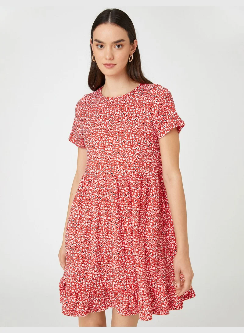 KOTON Floral Mini Dress Short Sleeve Crew Neck Frilled