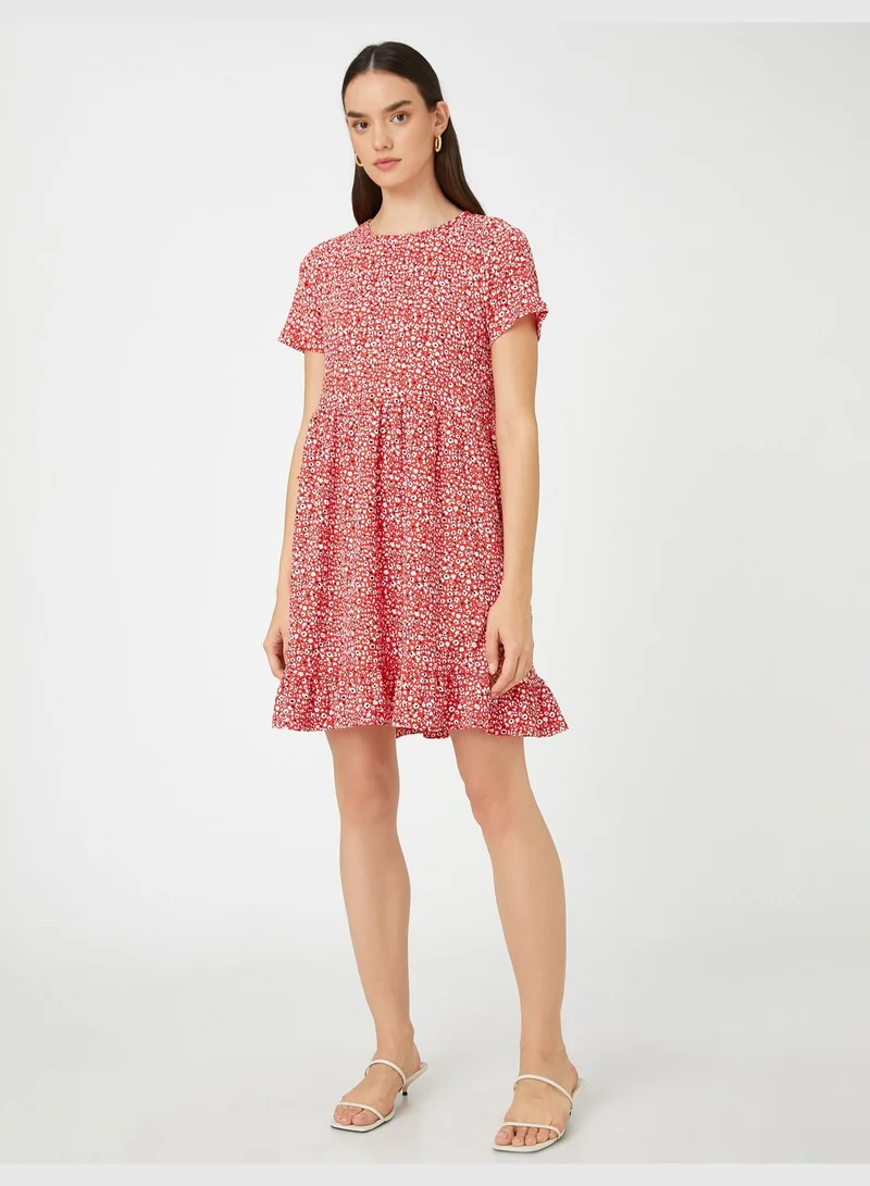KOTON Floral Mini Dress Short Sleeve Crew Neck Frilled