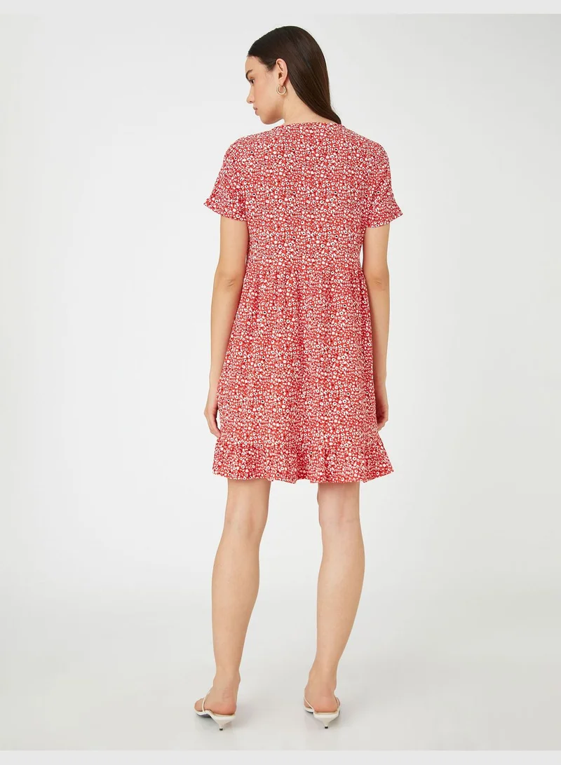 KOTON Floral Mini Dress Short Sleeve Crew Neck Frilled