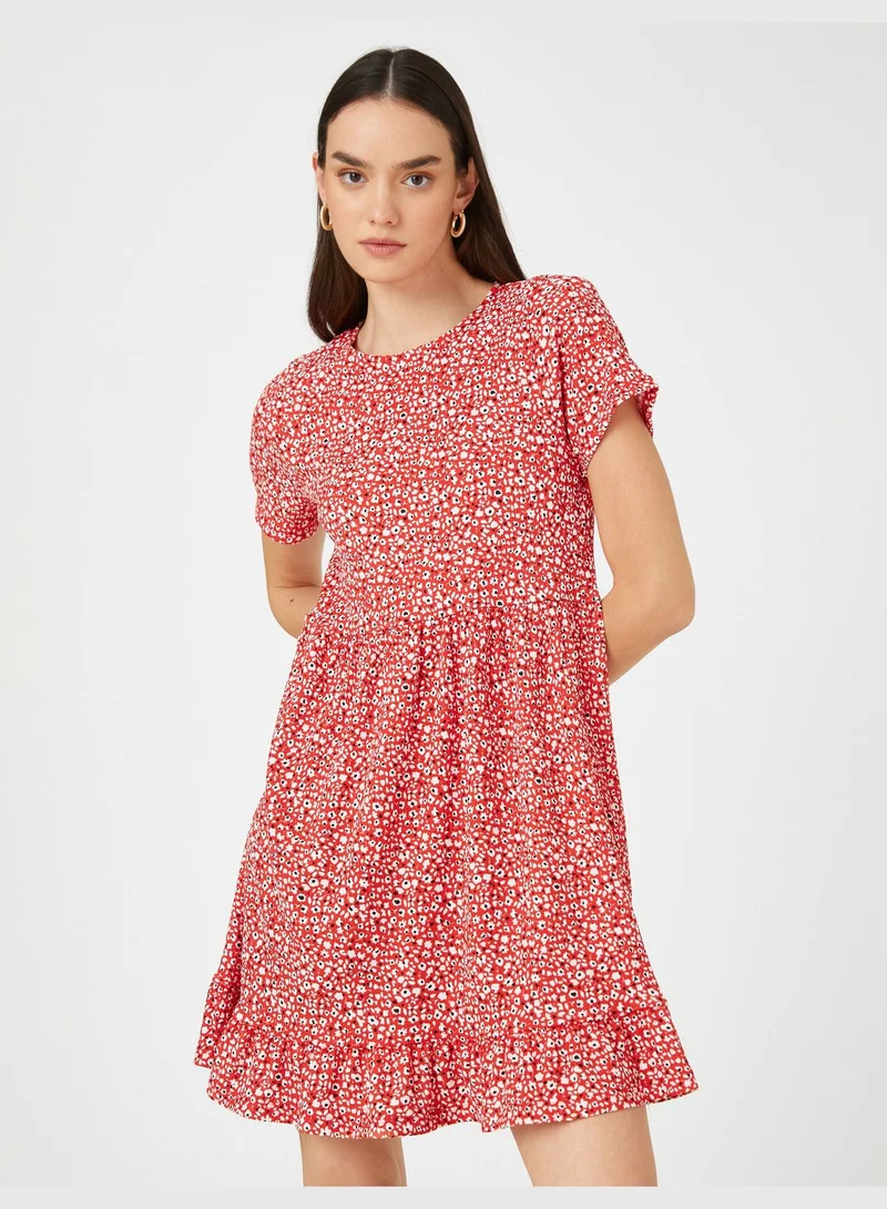 KOTON Floral Mini Dress Short Sleeve Crew Neck Frilled