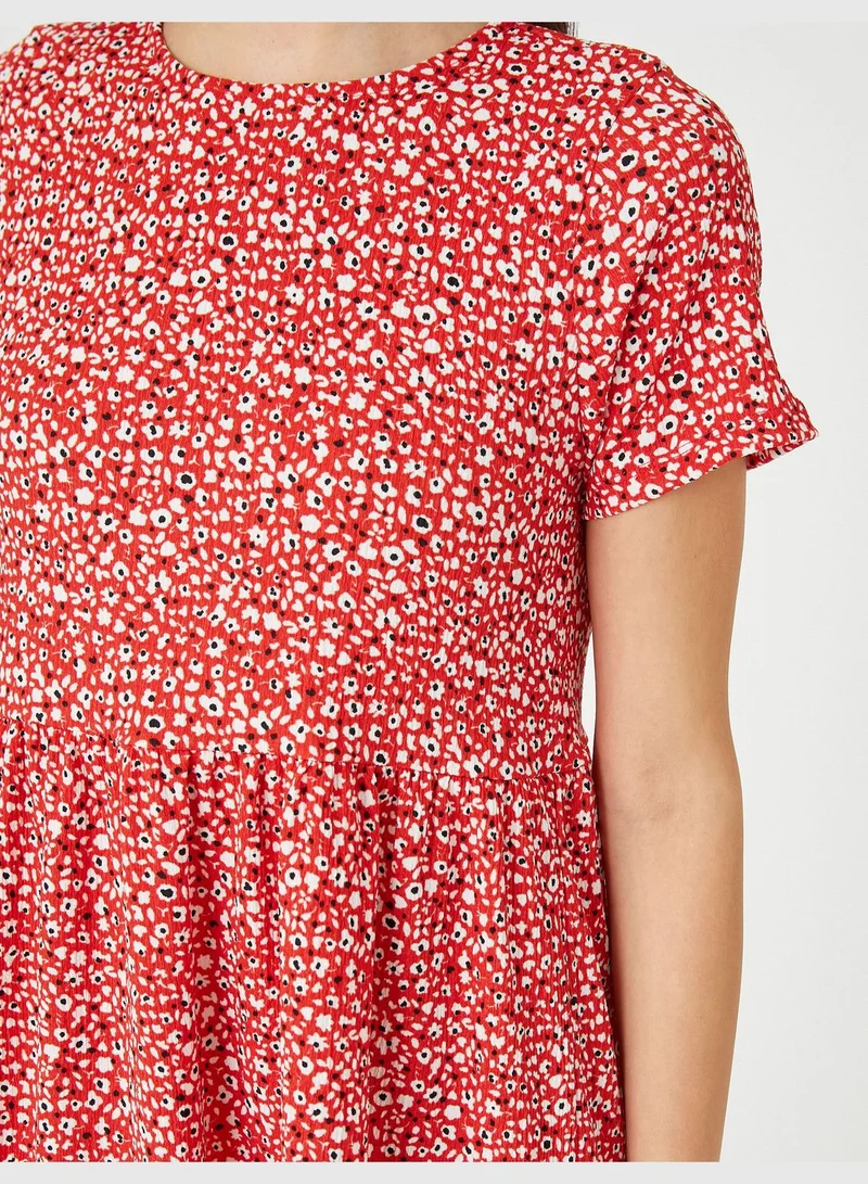 KOTON Floral Mini Dress Short Sleeve Crew Neck Frilled