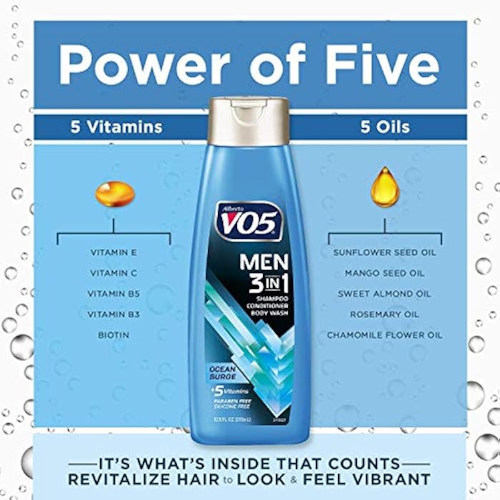 Alberto VO5 VO5 Mens 3-IN-1 Shampoo Conditioner and Body Wash - 12.5 Oz - Ocean Surge - 5 Essential Vitamins to Help Nourish and Hydrate Your Hair and Skin- Vitamin A, H, C, B5 and B3 - Image 4