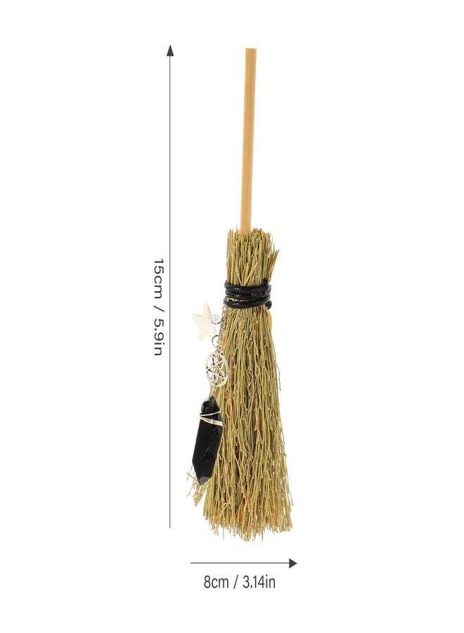 HOMSFOU Decorative Halloween Broom Broom Mini Halloween Witch Wicca Brush with Crystal Wand for Healing Wiccan Ritual Decor Khaki Miniature Decor - Image 2
