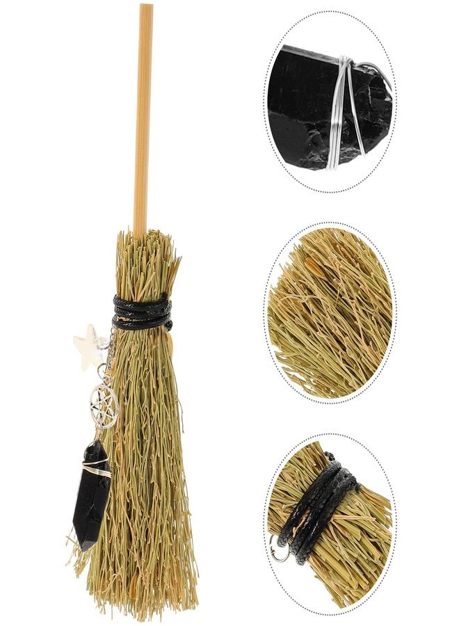 HOMSFOU Decorative Halloween Broom Broom Mini Halloween Witch Wicca Brush with Crystal Wand for Healing Wiccan Ritual Decor Khaki Miniature Decor - Image 3