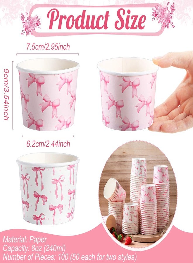 Jingmore 100 Pcs 8 oz Treat Snack Cups Bulk Summer Ice Cream Bowl Cute Cups Disposable Party Favors Paper Bowls for Hot Cold Food Wedding Birthday Party Supplies(Bow,Pink) - Image 3