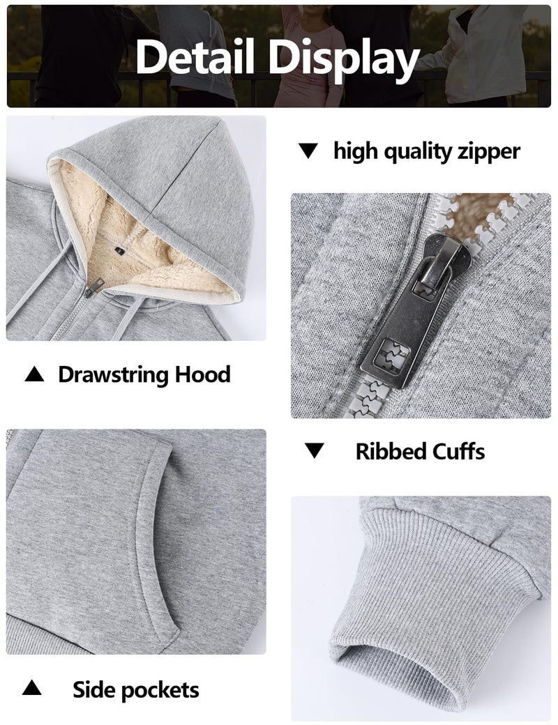 Gihuo Women's Sherpa Lined Hooded Sweatshirt Zip Up Winter Warm Hoodie Comfy Hooded Fleece Jacket (US, Alpha, Large, Regular, Regular, Light Grey) - Image 5