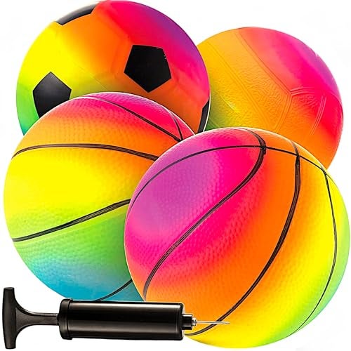 Bedwina Mini Rainbow Sports Balls 5 Inch Pack of 4 Inflatable Vinyl Balls for Kids and Toddlers with Hand Air Pump Basketball Volleyball Soccer for Playground Indoor and Outdoor - Image 1