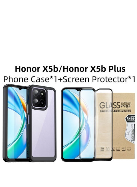 [1+1 Sets] For Honor X5b/ Honor X5b Plus Case & Screen Protector Transparent Frame Protective Cover with Tempered Glass Screen Protector