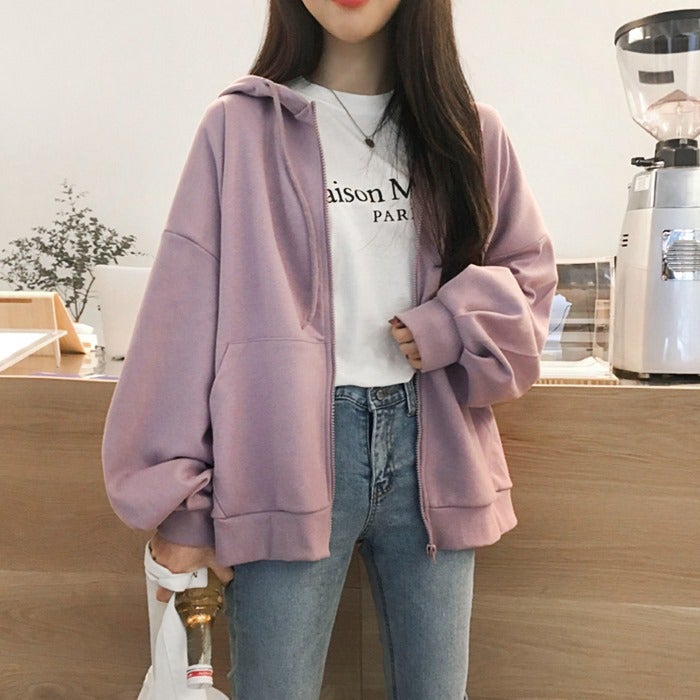 Casual Zip Hoodie Women Autumn Winter Velour Sweatshirt Pink  - Image 3
