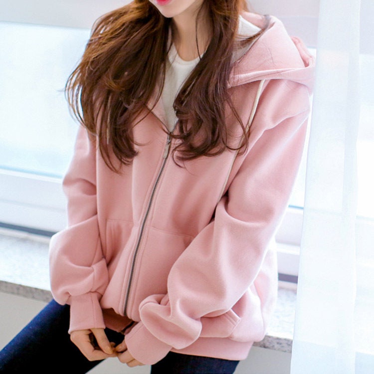 Casual Zip Hoodie Women Autumn Winter Velour Sweatshirt Pink  - Image 1