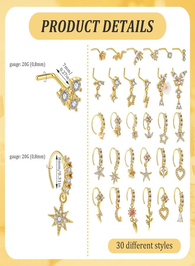 Yolev 30pcs Dangling Nose Ring 20g Gold Dangle Nose Ring Stud Hoops L Shaped For Women Noses Piercings Dangle Piercing Jewelry - Image 2