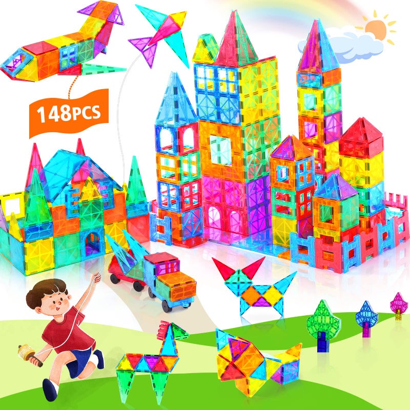 Yunaking Kids Magnet Toys Magnetic Tiles, 148PCS 3D Magnetic Building Blocks STEM Learning Toys Magnetic Toys for 3 4 5 6 7 Years Old Boys Girls Gifts with 2 Cars - Image 1