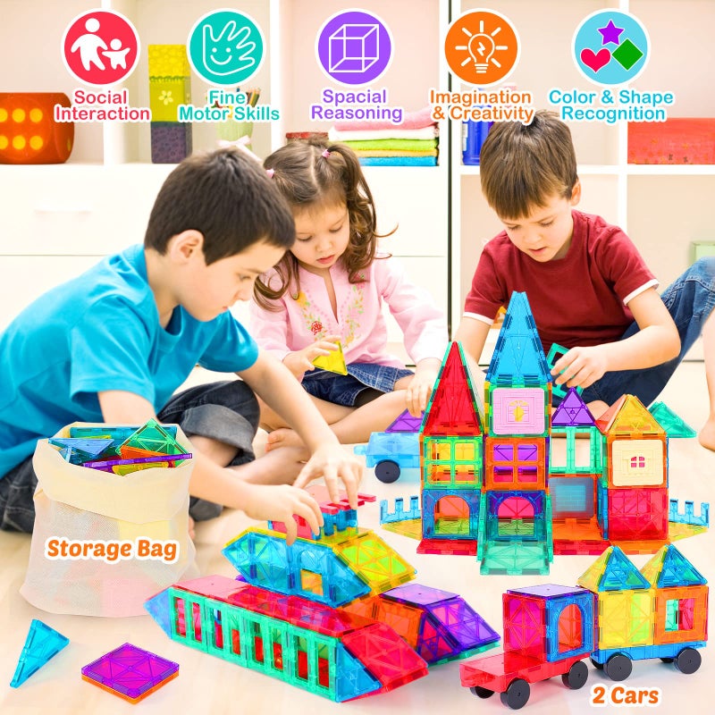 Yunaking Kids Magnet Toys Magnetic Tiles, 148PCS 3D Magnetic Building Blocks STEM Learning Toys Magnetic Toys for 3 4 5 6 7 Years Old Boys Girls Gifts with 2 Cars - Image 5