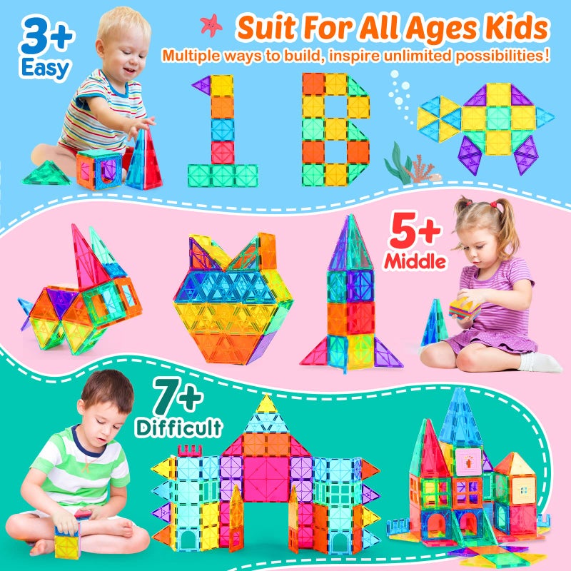 Yunaking Kids Magnet Toys Magnetic Tiles, 148PCS 3D Magnetic Building Blocks STEM Learning Toys Magnetic Toys for 3 4 5 6 7 Years Old Boys Girls Gifts with 2 Cars - Image 2