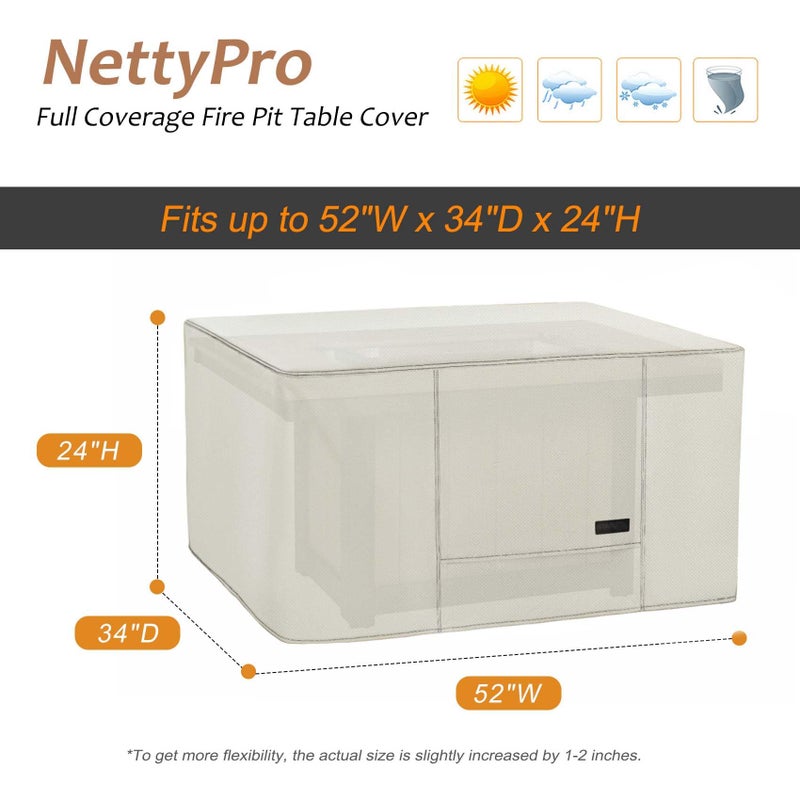 NettyPro Fire Pit Cover Rectangular Waterproof Outdoor Firepit Cover for Gas Propane Fire Pit Table Rectangle, 52 x 34 x 24 inch, Beige - Image 2
