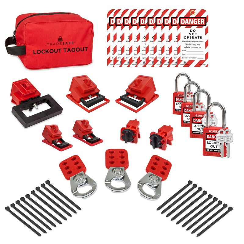 TRADESAFE Breaker Lockout Tagout Electrical Loto Kit, 120/277V to 480/600V Circuit Breaker Lockout, Hasps, Lockout Tags, Keyed Different Red Loto Locks (2 Keys Each); Devices for Station Refill - Image 1