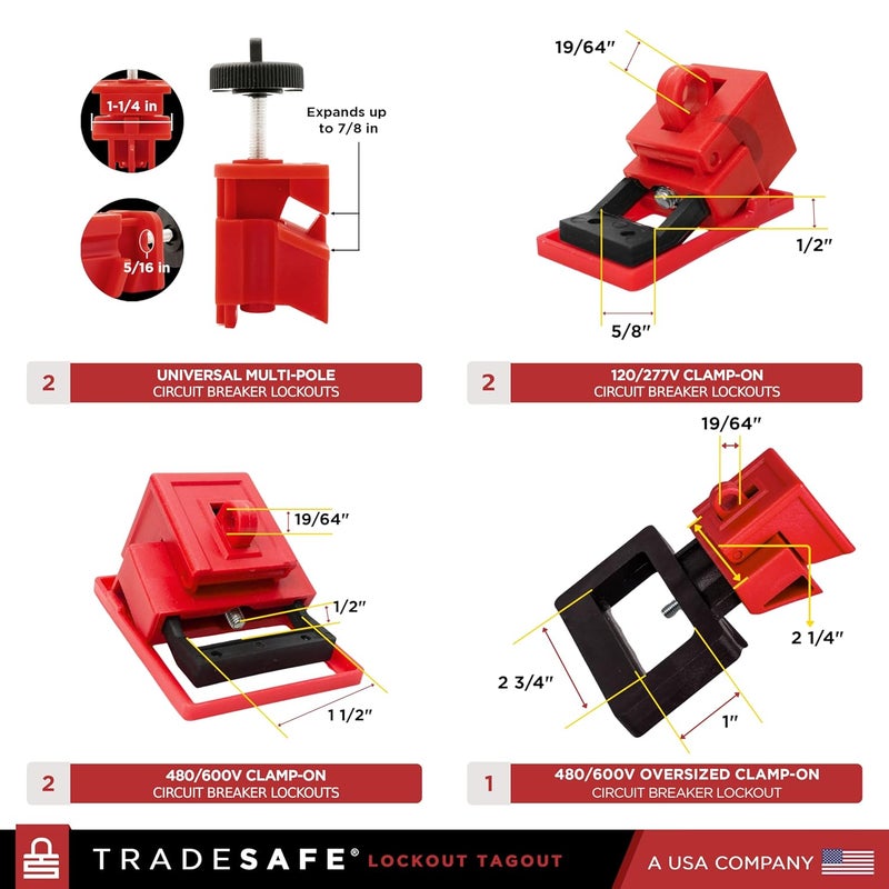 TRADESAFE Breaker Lockout Tagout Electrical Loto Kit, 120/277V to 480/600V Circuit Breaker Lockout, Hasps, Lockout Tags, Keyed Different Red Loto Locks (2 Keys Each); Devices for Station Refill - Image 4