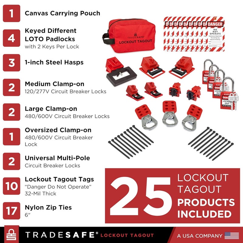 TRADESAFE Breaker Lockout Tagout Electrical Loto Kit, 120/277V to 480/600V Circuit Breaker Lockout, Hasps, Lockout Tags, Keyed Different Red Loto Locks (2 Keys Each); Devices for Station Refill - Image 2