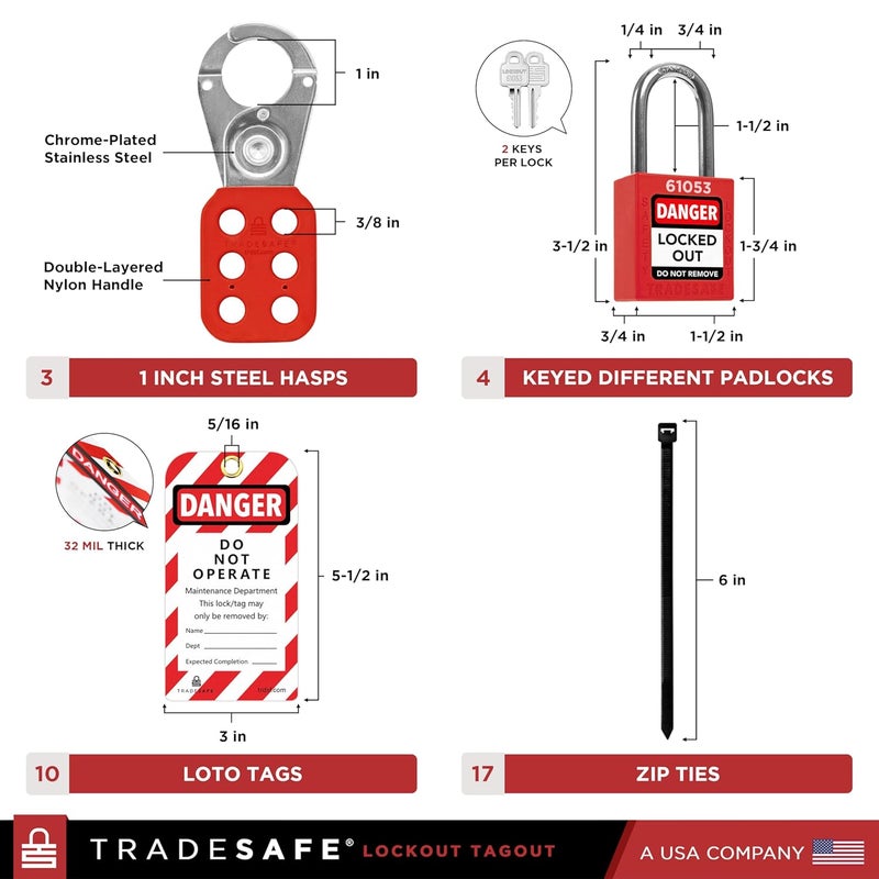 TRADESAFE Breaker Lockout Tagout Electrical Loto Kit, 120/277V to 480/600V Circuit Breaker Lockout, Hasps, Lockout Tags, Keyed Different Red Loto Locks (2 Keys Each); Devices for Station Refill - Image 3