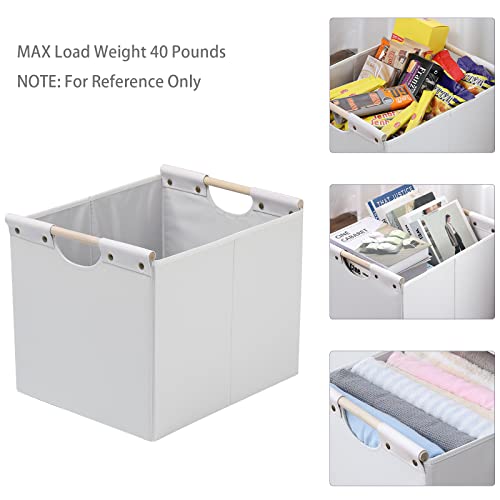 HOONEX Large Collapsible Storage Bins Linen Fabric Pack of 2 Storage Baskets with Wooden Carry Handles and Sturdy Heavy Cardboard for Home Office Car Nursery White - Image 3