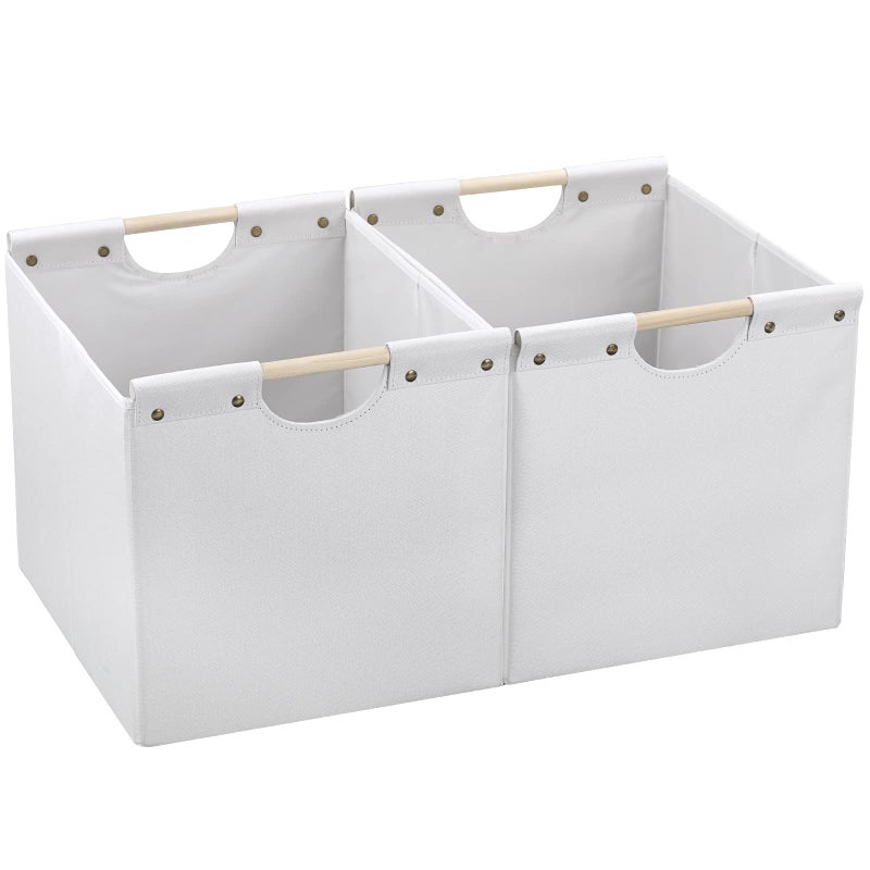 HOONEX Large Collapsible Storage Bins Linen Fabric Pack of 2 Storage Baskets with Wooden Carry Handles and Sturdy Heavy Cardboard for Home Office Car Nursery White - Image 2