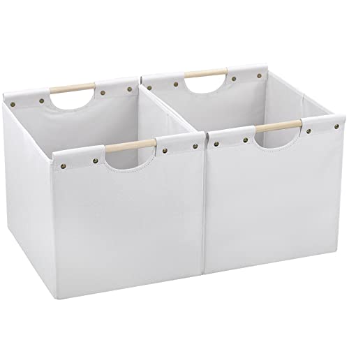HOONEX Large Collapsible Storage Bins Linen Fabric Pack of 2 Storage Baskets with Wooden Carry Handles and Sturdy Heavy Cardboard for Home Office Car Nursery White - Image 1