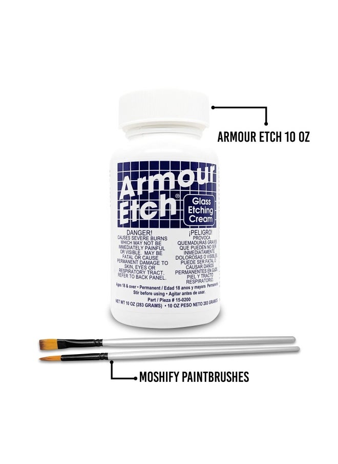 null - MoshifyArmour Etch Glass Etching Cream Kit - Create Permanently Etched Designs - 11oz Net Weight - Bundled with   Application Brushes - Image 1