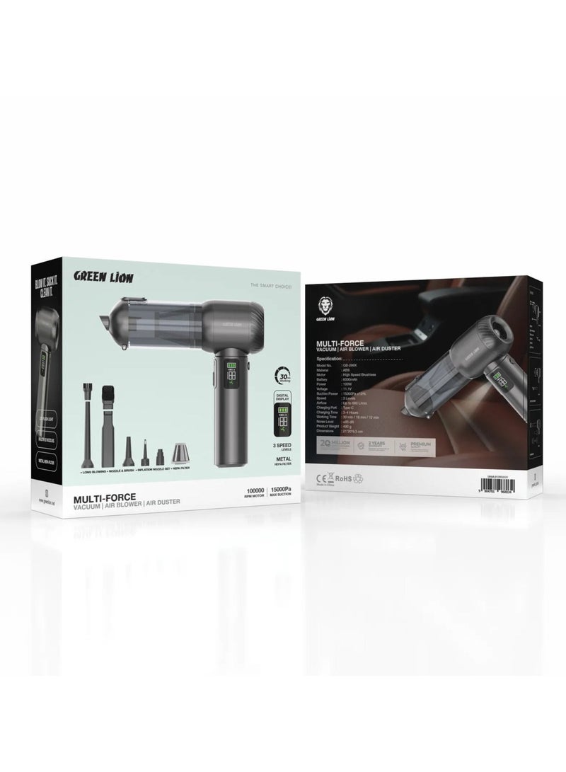 GREEN LION Multi-Force Vacuum, Air Blower, Air Duster Power 100W / 15000Pa Suction / 6000mAh Battery / Air Duster Rechargeable Handheld Vacuum Cordless / 3 Levels Speed / LED Flash Light / RPM 100000 / Vacuum Cleaner for Compute/Car/House - Gray - Image 3