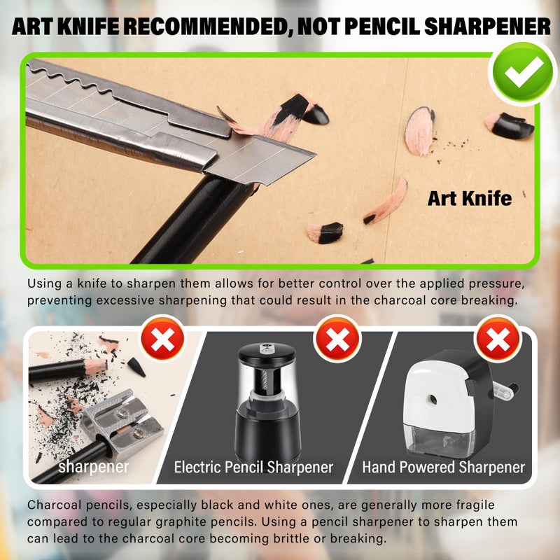 KALOUR Pro Colored Charcoal Drawing Set,12 Pieces Pastel Chalk Pencils for Sketching, Shading, Blending, Portrait, Black White Charcoal for Beginners & Artists - Image 3