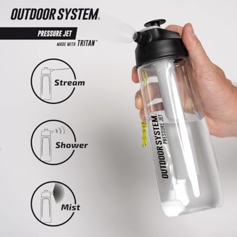 Outdoor System Pressure Jet Spray Bottle 700ml, 24oz Portable Personal Water Bottle Spray Mister w/Jet, Shower or Mist Settings, Hand Body Wash, Camp Shower, Face Mister, Beach, Gym, Camping, Boating - Image 3