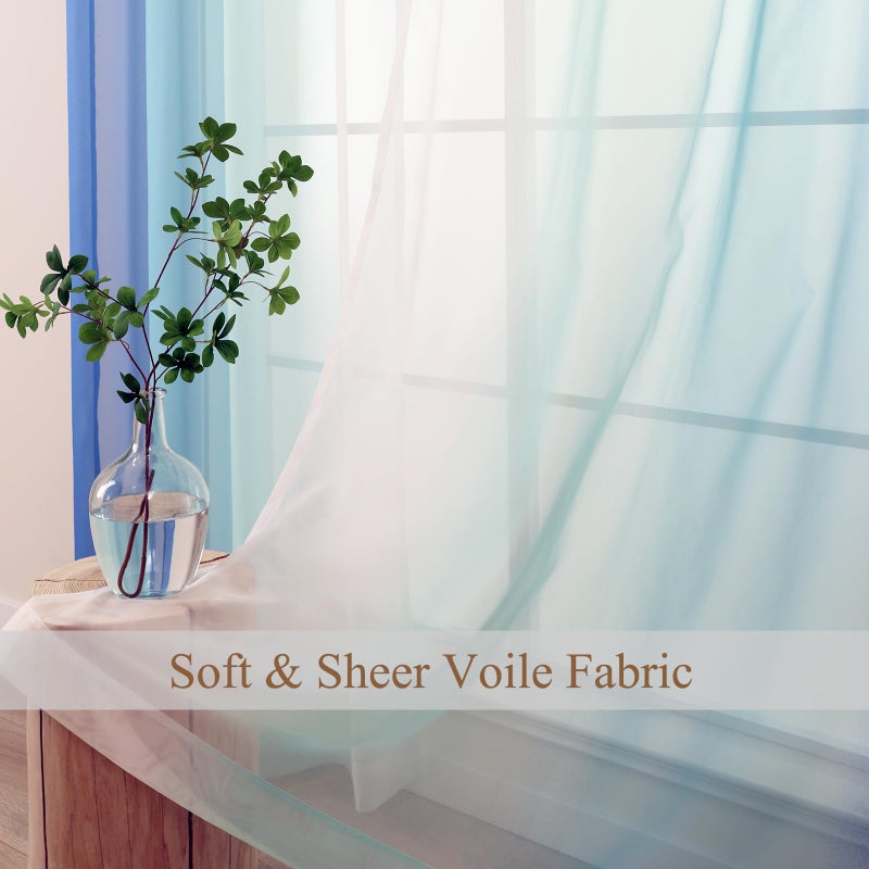 L.Z.E Blue Ombre Sheer Curtains 84 Inches Long for Living Room, Transparent Light Blue Curtains for Kids Bedroom Boys Girls Room, Lightweight Gradient Voile Window Drapes Grommet Top 2 Panels Set - Image 3