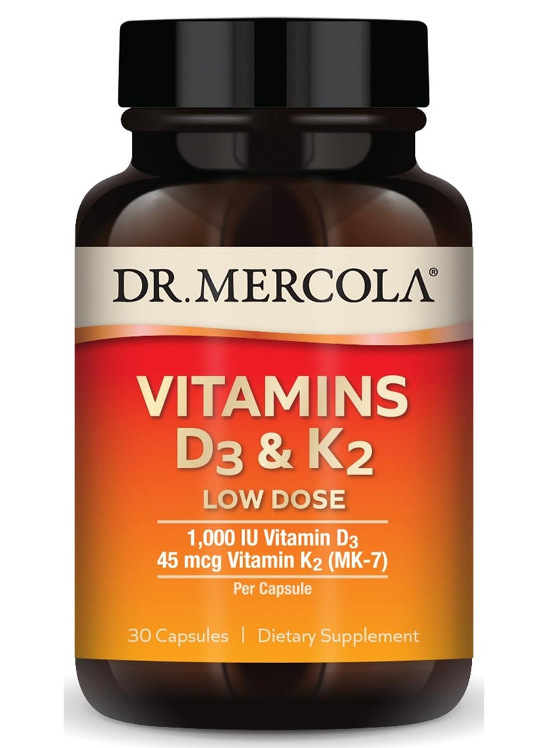 Dr. Mercola فيتامينات D3 و K2 بجرعة منخفضة، 1,000 وحدة دولية من فيتامين D3 و 45 ميكروجرام من فيتامين K2 (MK-7) لكل كبسولة، 30 كبسولة، مكمل غذائي - Image 1